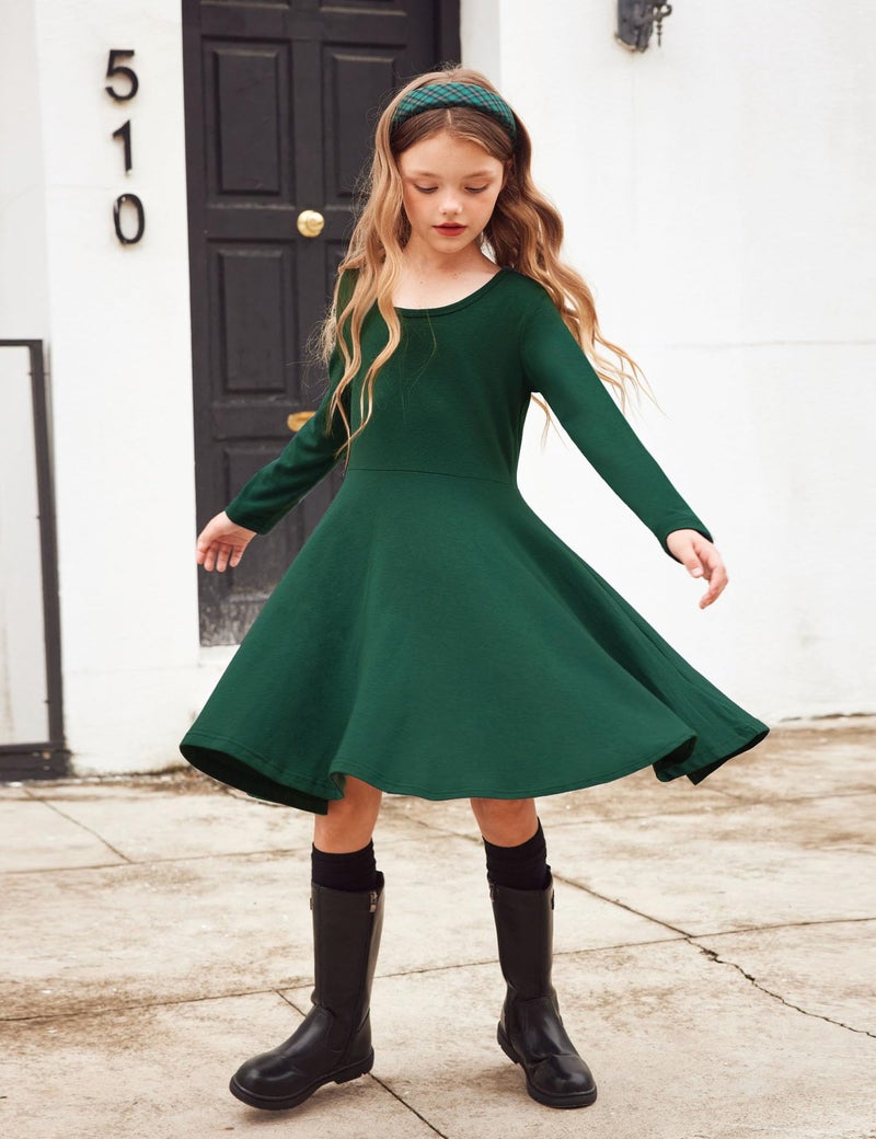 Arshiner Girls' Cotton Long Sleeve Twirly Skater Party Dress, Grass Green, 9 Years - Image 5